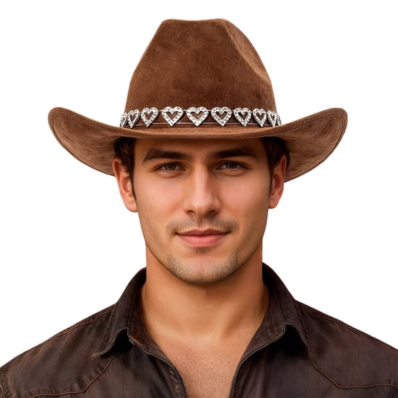 Gtoiithly Cowboy Hat Glitter Hearts Rhinestone Felt Wide Brim Cowgirl Hat with Adjustable Lanyard for Men Women Coffee