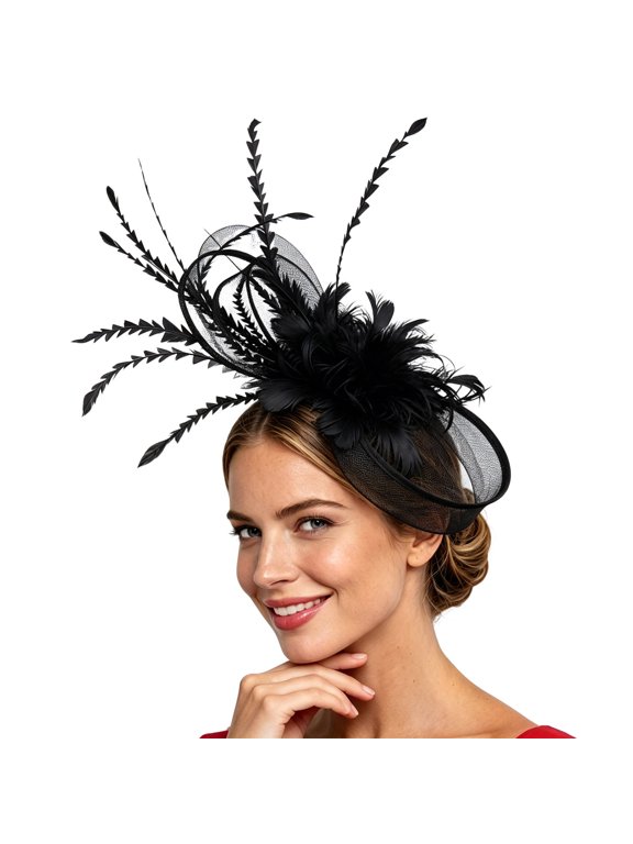 Dramatic Long Feather Hair Fascinator, 1920s Gatsby Style Headpiece for Masquerades, Halloween & Formal Events Black
