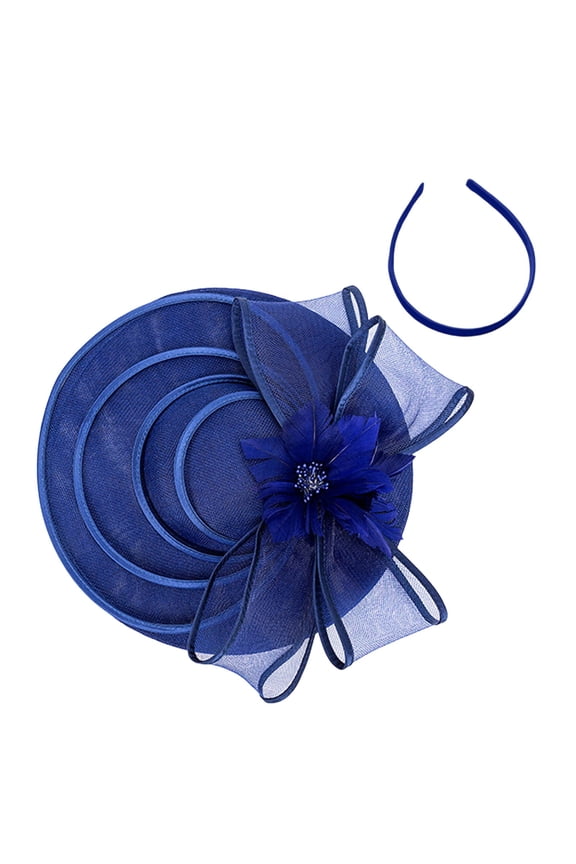 Elegant Flared Brim Cocktail Hat, Oversized Floral Organza Headpiece for Wedding Guests, Bridal Events & Mother of the Bride Navy