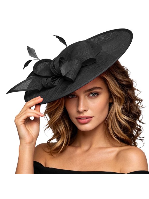 Elegant Wide-Brimmed Hat for Women, Feather-Trimmed Formal Fascinator for Mother of the Bride, Bridesmaids & Royal-Inspired Events Black