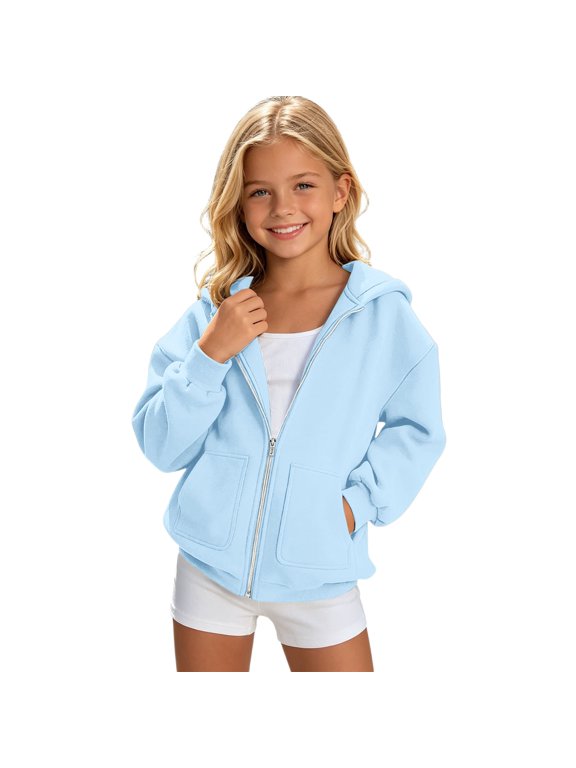 Full Zip Hoodie for Girls Soft Lightweight Hooded Sweatshirt with Front Pockets Cozy Comfort Everyday Back to School Hoodie Light Blue-a 8-9 Years