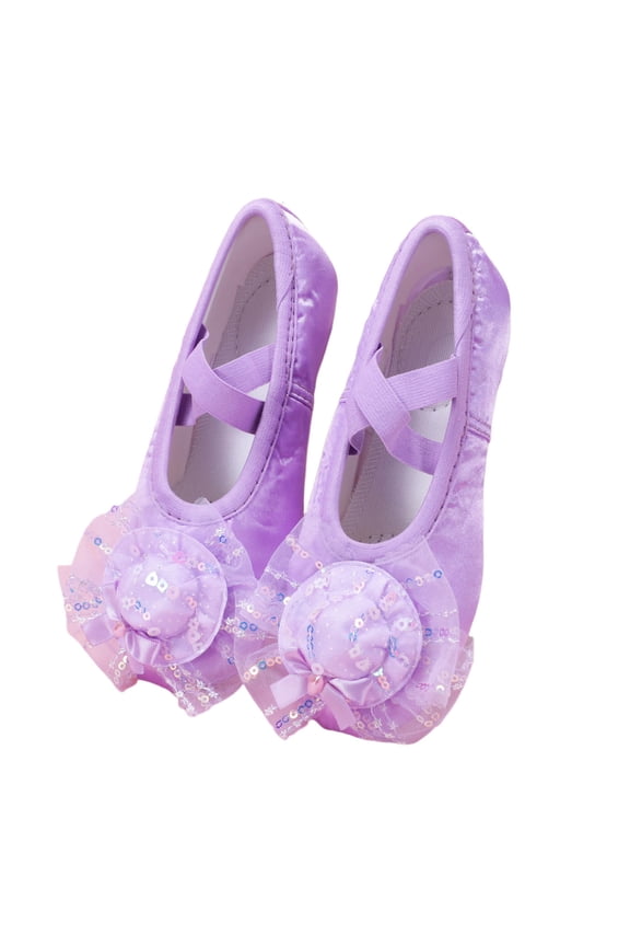 Girls' Elegant Satin Ballet Sandals with Delicate Mesh Accents, Solid-Color Summer Dance Shoes, and Sparkling Bow Embellishments for Versatile Styling Purple 2-2.5 Years