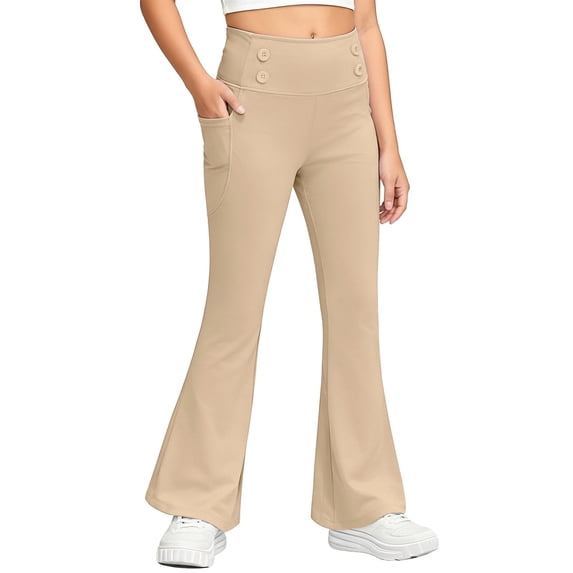 Gtoiithly Girls Lined Solid Color Jogger Pants for Toddler and Big Kids Soft Casual Winter Warm Trousers Girls Leggings Khaki 13-14 Years