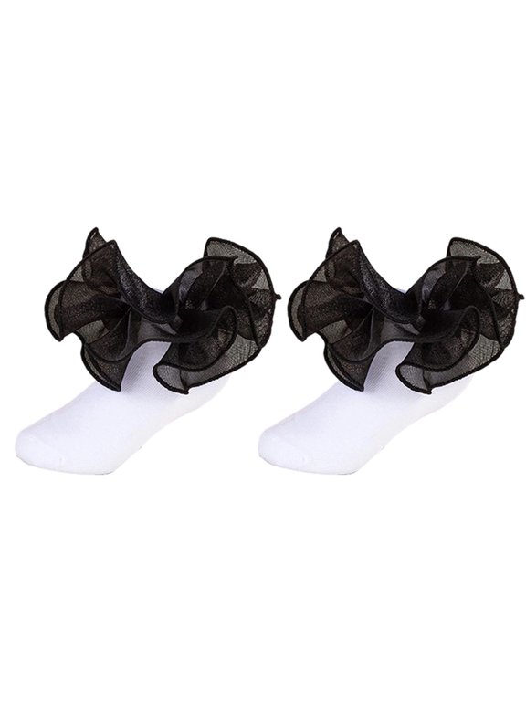 Girls Spring Summer Thin Cotton Lace Ruffle Mid‑Calf Ballet Dance Princess Socks, Back To School Kids Socks 6M‑10Y Black 8-10 Years