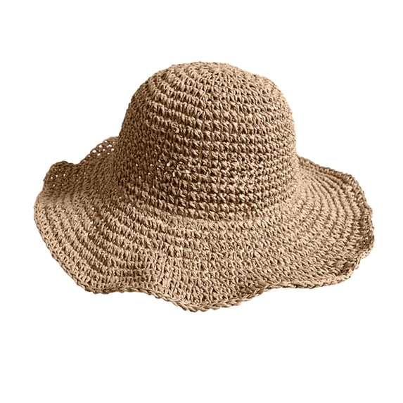 Gtoiithly Handmade Hollow Straw Hat Cowboy Hat With Curled Brim And Raised Edge Papyrus Beach Hat Sunscreen Hat Khaki