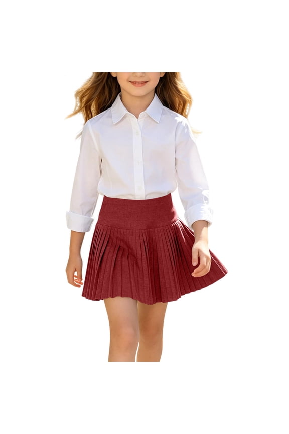 High Waist A Line Pleated School Skirt, Knee Length Student Uniform Skirt, Soft Casual Midi Skater Skirt Back to School Outfit 2-Red 3-4 Years