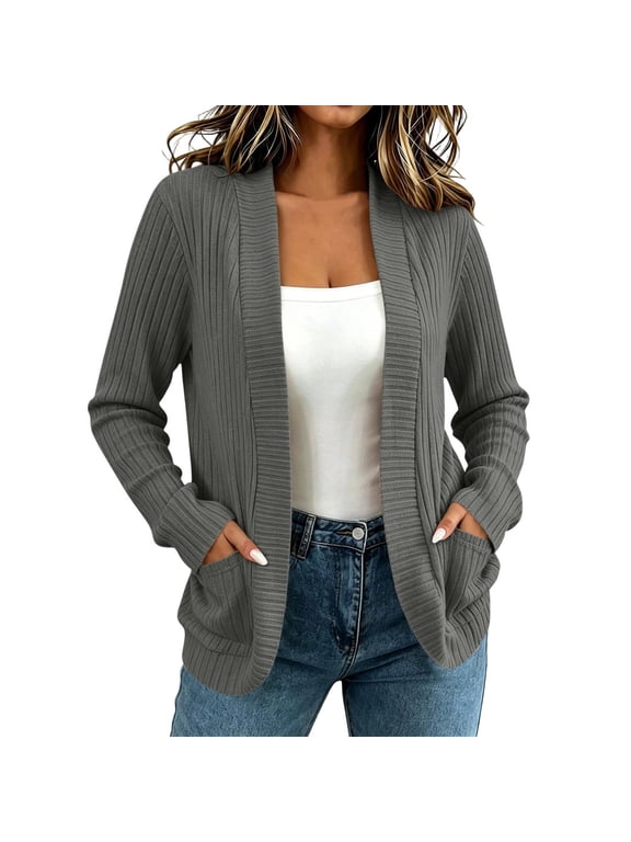 Long Sleeve Knit Cardigan For Women Solid Color Brushed Fleece Open Front Outerwear With Pockets Casual For Daily Shopping Grey-A M