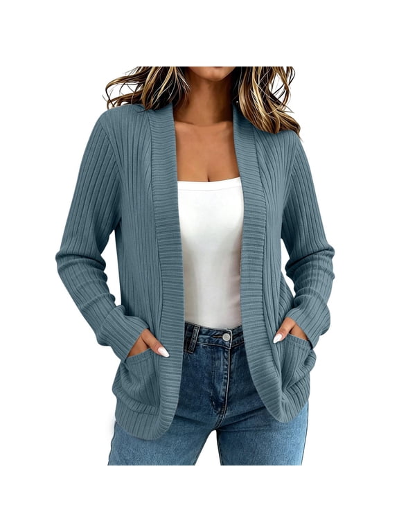 Long Sleeve Knit Cardigan For Women Solid Color Brushed Fleece Open Front Outerwear With Pockets Casual For Daily Shopping Light Blue-A M