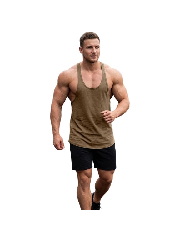 Men's Cotton Bodybuilding Stringer Tank Tops Y-Back Gym Fitness Workout Training Running T-Shirts Athletic Quick Dry Top Coffee XXXL