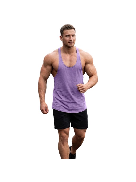 Men's Cotton Bodybuilding Stringer Tank Tops Y-Back Gym Fitness Workout Training Running T-Shirts Athletic Quick Dry Top Dark Purple XL