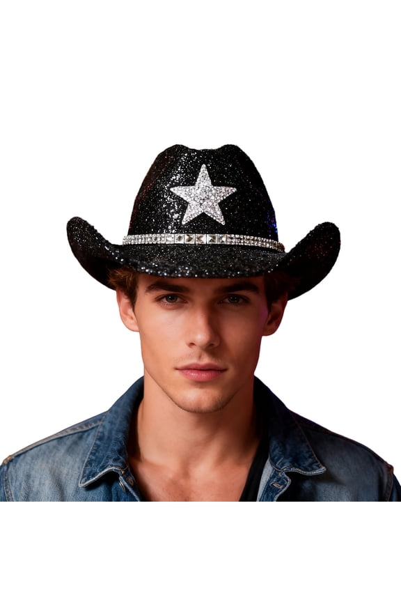 Men's Stylish Denim Western Hat with Five Pointed for Stage Performance and Party Events Black
