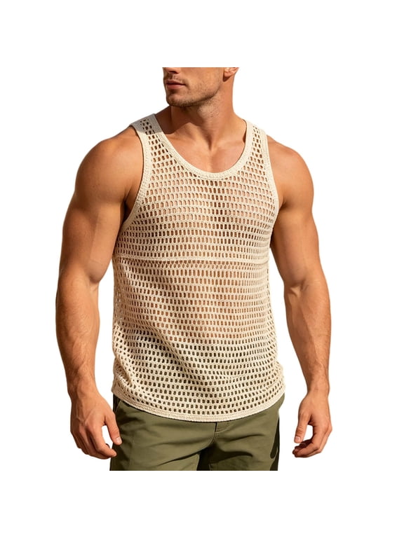 Mens Fishnet Mesh Sleeveless Tank Tops, Breathable Hollow U Neck Casual Beach Muscle Shirts Beige L