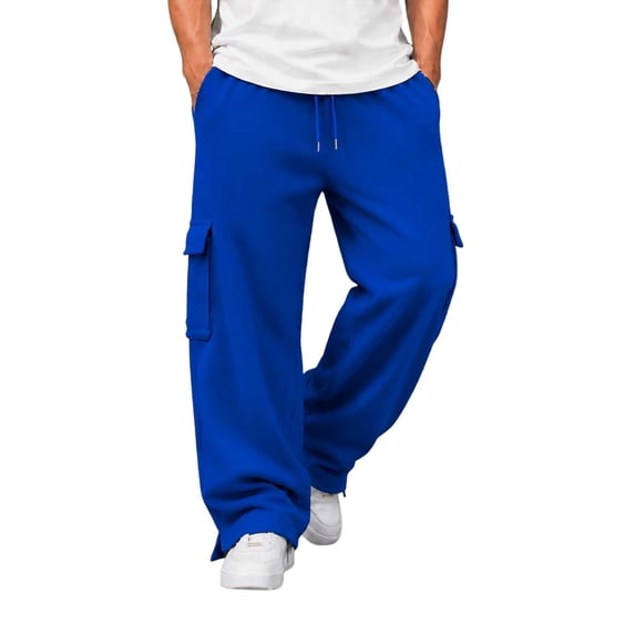 Gtoiithly Mens Solid Cargo Jogger Pants, Elastic Drawstring Waist Loose Wide Leg Sweatpants, Multi Pocket Casual Street Fashion Long Trousers Blue XL