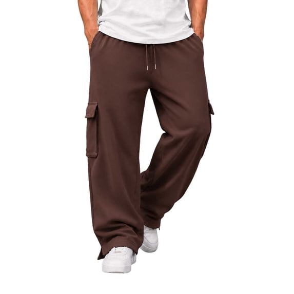 Gtoiithly Mens Solid Cargo Jogger Pants, Elastic Drawstring Waist Loose Wide Leg Sweatpants, Multi Pocket Casual Street Fashion Long Trousers Brown M
