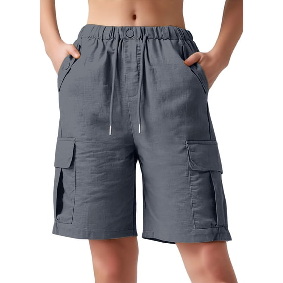 Gtoiithly Plus-Size Women's Summer Trousers, Simple & Loose-Fit Cotton-Linen Casual High-Waisted Shorts, Mid-Length (5-Point) Cargo Style with Pockets Grey XL