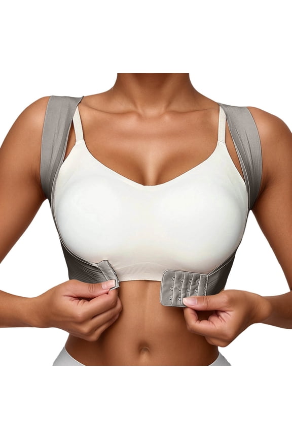 Seamless Shapewear Top with Front Closure, Back Posture Corrector for Women, Adjustable Chest Support Bra, Slouch Prevention Grey L