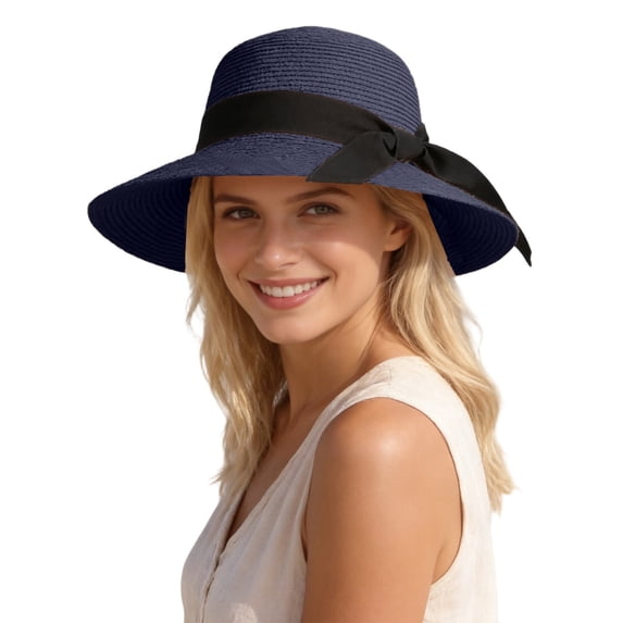 Gtoiithly Stylish Summer Hat Foldable Brim Sun Hat for Women, Wide Brim Straw Beach Hat, Packable Casual Outdoor Bucket Hat for Travel Navy