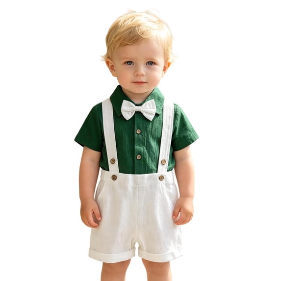 Gtoiithly Toddler Baby Boys Formal Suit Set Short Sleeve Romper Suspenders Shorts Pants Kids Gentleman Outfits White 6-9 Months