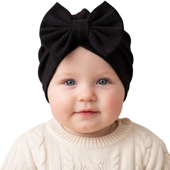 Gtoiithly Warm Plush Knit Baby Beanie Turban, Stretchy Fuzzy Bow Hat, Comfortable Toddler Cap for Fall Winter Black 0-24 Months