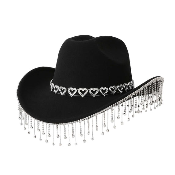 Gtoiithly Western Cowboy Hat Featuring Decorative Heart Applique And Stylish Fringe Detail For Festive Events And Country Dance Black