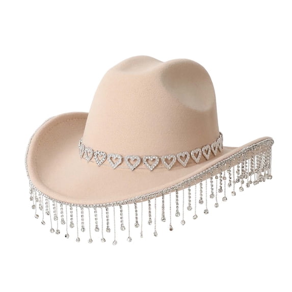 Gtoiithly Western Cowboy Hat Featuring Decorative Heart Applique And Stylish Fringe Detail For Festive Events And Country Dance Khaki