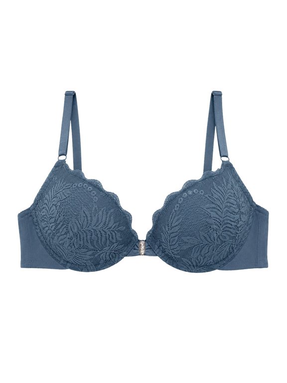 Women Front Closure Lace Push Up Bra, Leaf Pattern Scalloped Lace Underwire Bra, Adjustable Shoulder Straps, Supportive Daily Navy 85C