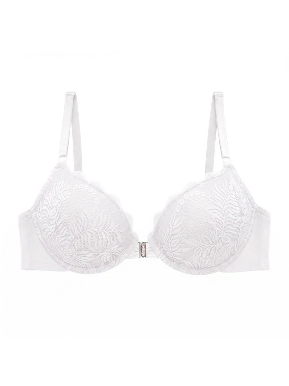 Women Front Closure Lace Push Up Bra, Leaf Pattern Scalloped Lace Underwire Bra, Adjustable Shoulder Straps, Supportive Daily White 75B