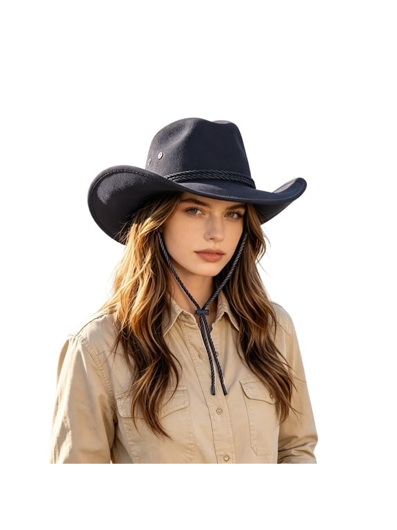 Women Western Felt Cowboy Hat Wide Brim Outdoor Sun Protection Cowgirl Fedora Hat with Leather Strap Black-G One Size