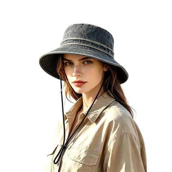 Gtoiithly Women Wide Brim Bucket Sun Hat with Chin Strap, Lightweight Outdoor UV Protection Fisherman Hat for Hiking Travel Beach Black-A One Size