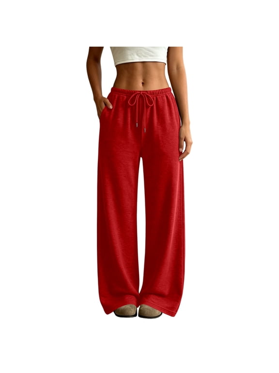 Women Wide Leg Casual Baggy Pants High Waisted Elastic Drawstring Lightgray Sweatpant with Pockets Red L