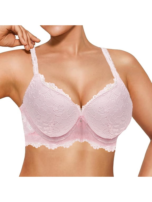Women's Bra Sexy Lace Push-Up Bra Deep V-Neckline with Cleavage-Enhancing Effect, Thick Padding, Underwire Support, Comfortable and Versatile Everyday Pink 75C/34C
