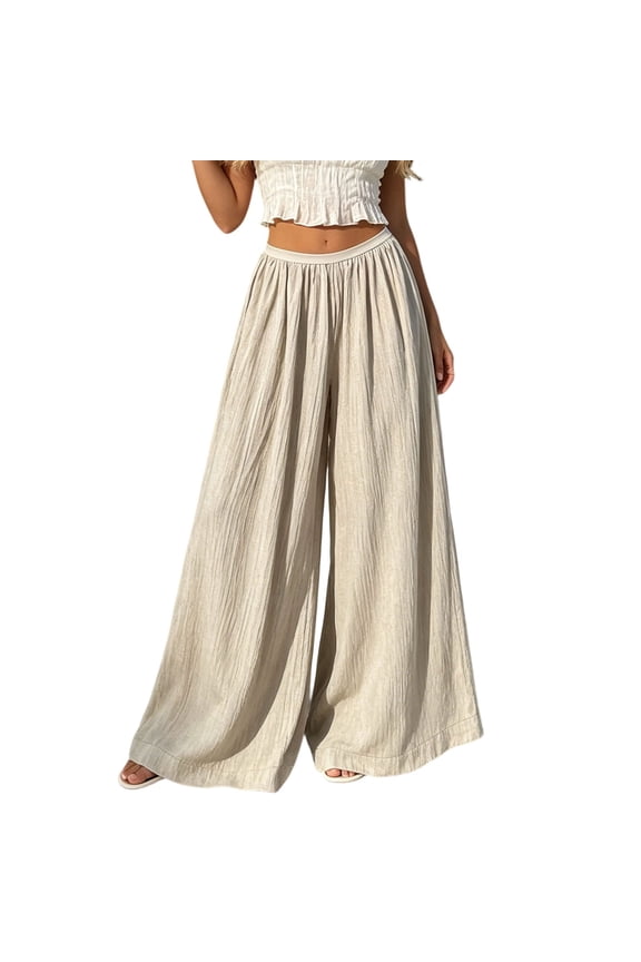 Women's Fall Boho Flowy Flared Ruffle Maxi Wide-Leg Trousers High Waisted Long Flowy Pants with Pocket Khaki S