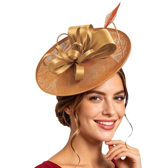 Gtoiithly Women's Fascinator Hat, Feather Flower Derby Headpiece with Headband & Clip, for Kentucky Derby, Tea Party, Wedding, Gold