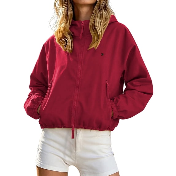 Gtoiithly Women's Lightweight Zip Up Hooded Windbreaker Jacket, Casual Loose Long Sleeve Outdoor Windproof Coat Daily Fashion Outerwear C-Red XL