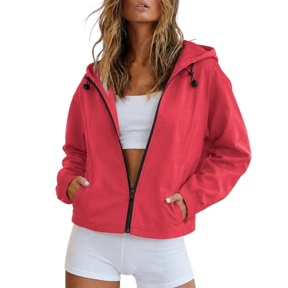 Gtoiithly Women's Lightweight Zip Up Hooded Windbreaker Jacket, Casual Loose Long Sleeve Outdoor Windproof Coat Daily Fashion Outerwear D-Red L