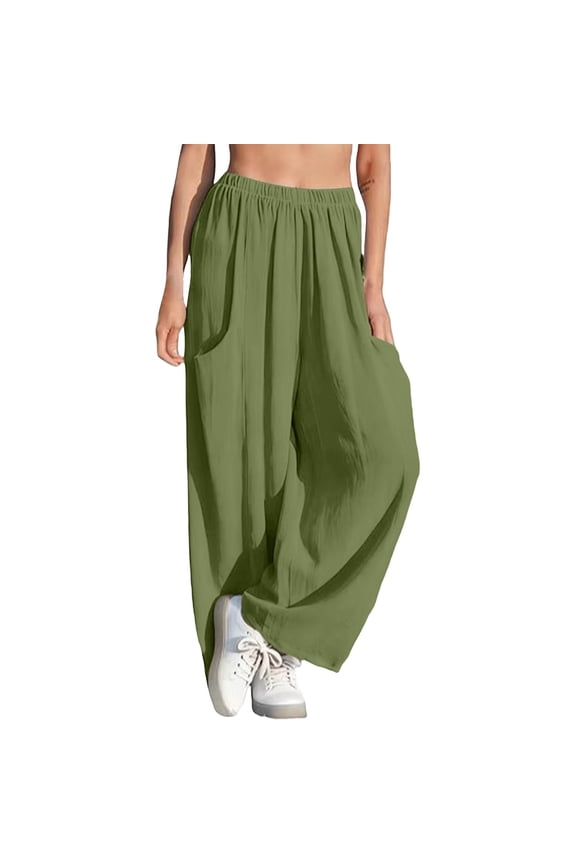 Women's Linen Blend Pants, Casual Solid Color Straight Leg Trousers with Elastic Waist and Pockets, Loose Fit Wide Leg Maxi Pants for Daily Wear Dark Green XXL