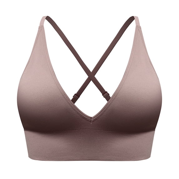 Gtoiithly Women's Low Back Plunge Sports Bra, Adjustable Crossback Straps Wireless Bralette for Yoga & Fitness Brown XL
