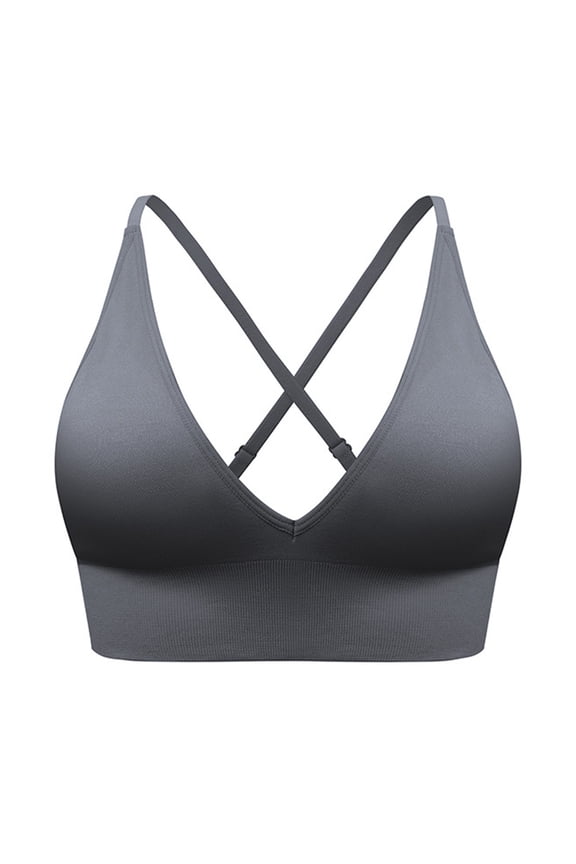 Women's Low Back Plunge Sports Bra, Adjustable Crossback Straps Wireless Bralette for Yoga & Fitness Grey XL