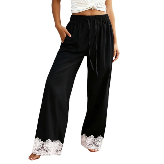 Gtoiithly Women's Pants Flowy Wide Leg Pants With Lace Trim Comfortable Stretchy High Waist Bottoms Cute Womens Trousers Black One Size