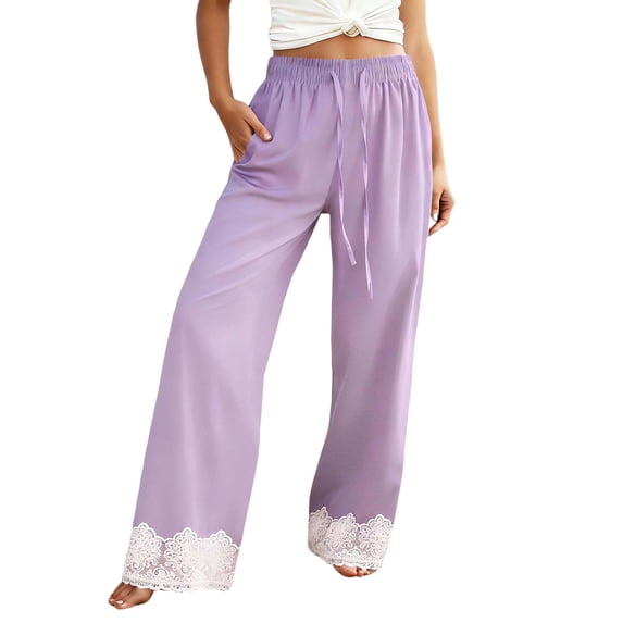 Gtoiithly Women's Pants Flowy Wide Leg Pants With Lace Trim Comfortable Stretchy High Waist Bottoms Cute Womens Trousers Purple One Size