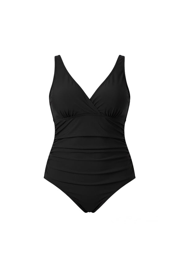 Women's Plus Size 1 Piece Swimwear Set Front Cross V-neck Tummy Control Push Up Swimsuit Retro Ruched Beach Vacation Bathing Suit Black L