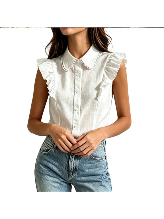 Women's Ruffle Cap Sleeve Blouse, Stand Collar Slim Fit Casual Shirt, Summer Solid Sleeveless Top for Oktoberfest Daily Wear White M