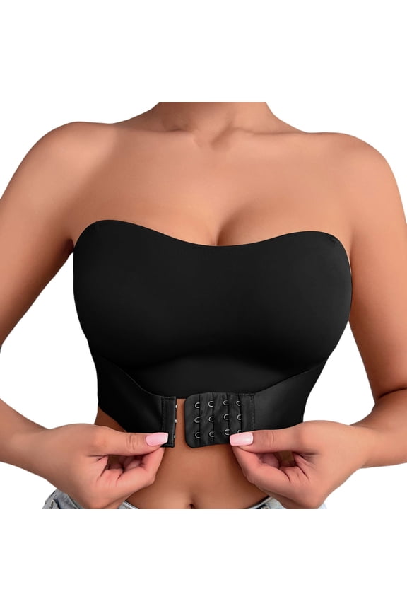 Women's Seamless Front-Clasp Strapless Bra Anti-Exposure Back-Beautifying Plus-Size Bandeau Wrap Top Black M