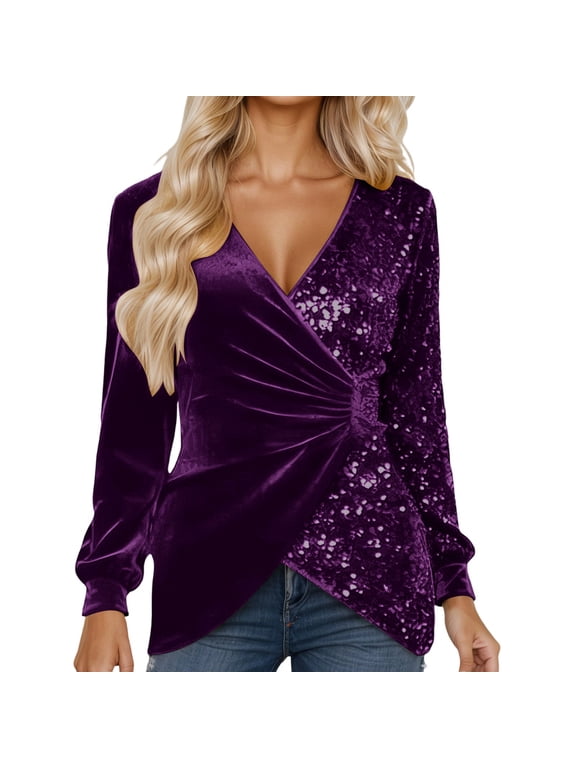 Women's Sequin Long Sleeve Tops V Neck Wrap Front Velvet Blouses Casual Asymmetric Hem Shirts for Party Club Wear Holiday Events Purple S