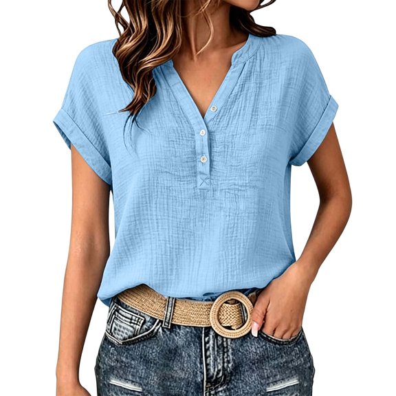 Gtoiithly Women’s Solid Button Detail Top Stylish Casual Blouse Short Sleeve Crewneck Soft Everyday Wear Blue-C XL