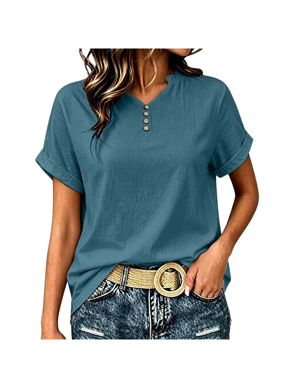 Women’s Solid Button Detail Top Stylish Casual Blouse Short Sleeve Crewneck Soft Everyday Wear Dark Blue-A XXXL