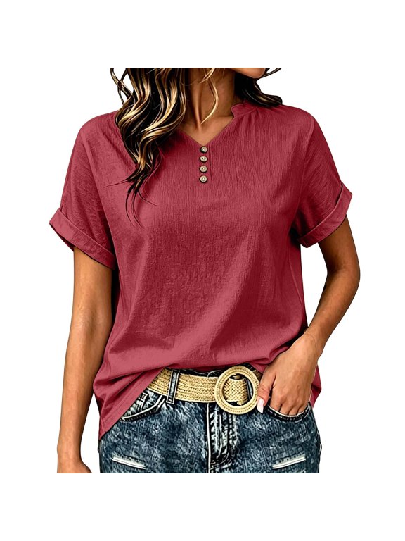 Women’s Solid Button Detail Top Stylish Casual Blouse Short Sleeve Crewneck Soft Everyday Wear RD1-A XXL