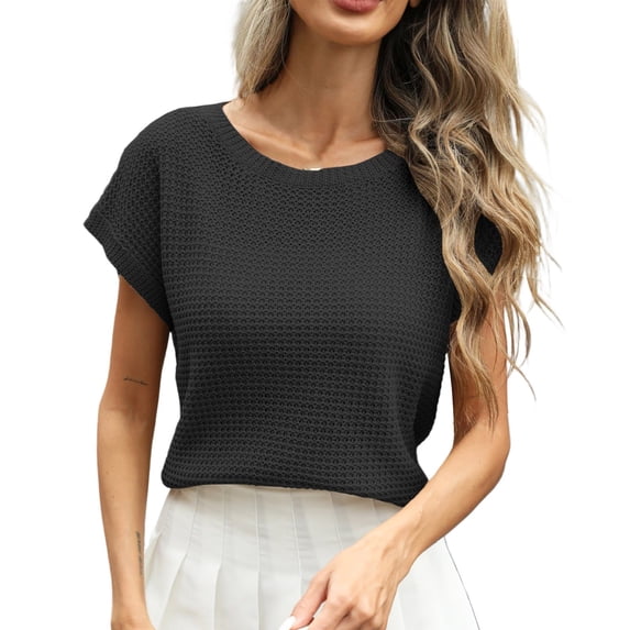 Gtoiithly Womens Summer Short Sleeve Tops Crew Neck Pullover Sweaters Cap Sleeve Loose Dressy Casual Blouse Basic Clothes Black XL