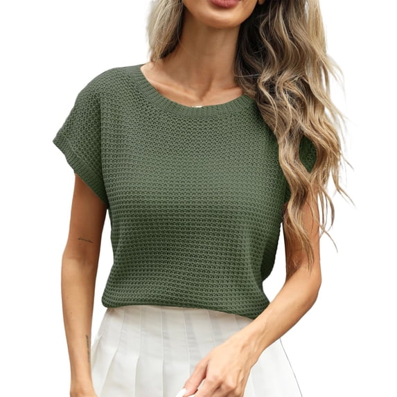 Gtoiithly Womens Summer Short Sleeve Tops Crew Neck Pullover Sweaters Cap Sleeve Loose Dressy Casual Blouse Basic Clothes Green M