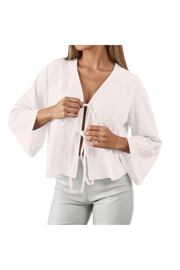 Womens T Shirts Tie Front Blouse Puff Sleeve Button Peplum Ruffle Cute Tee Shirt White L
